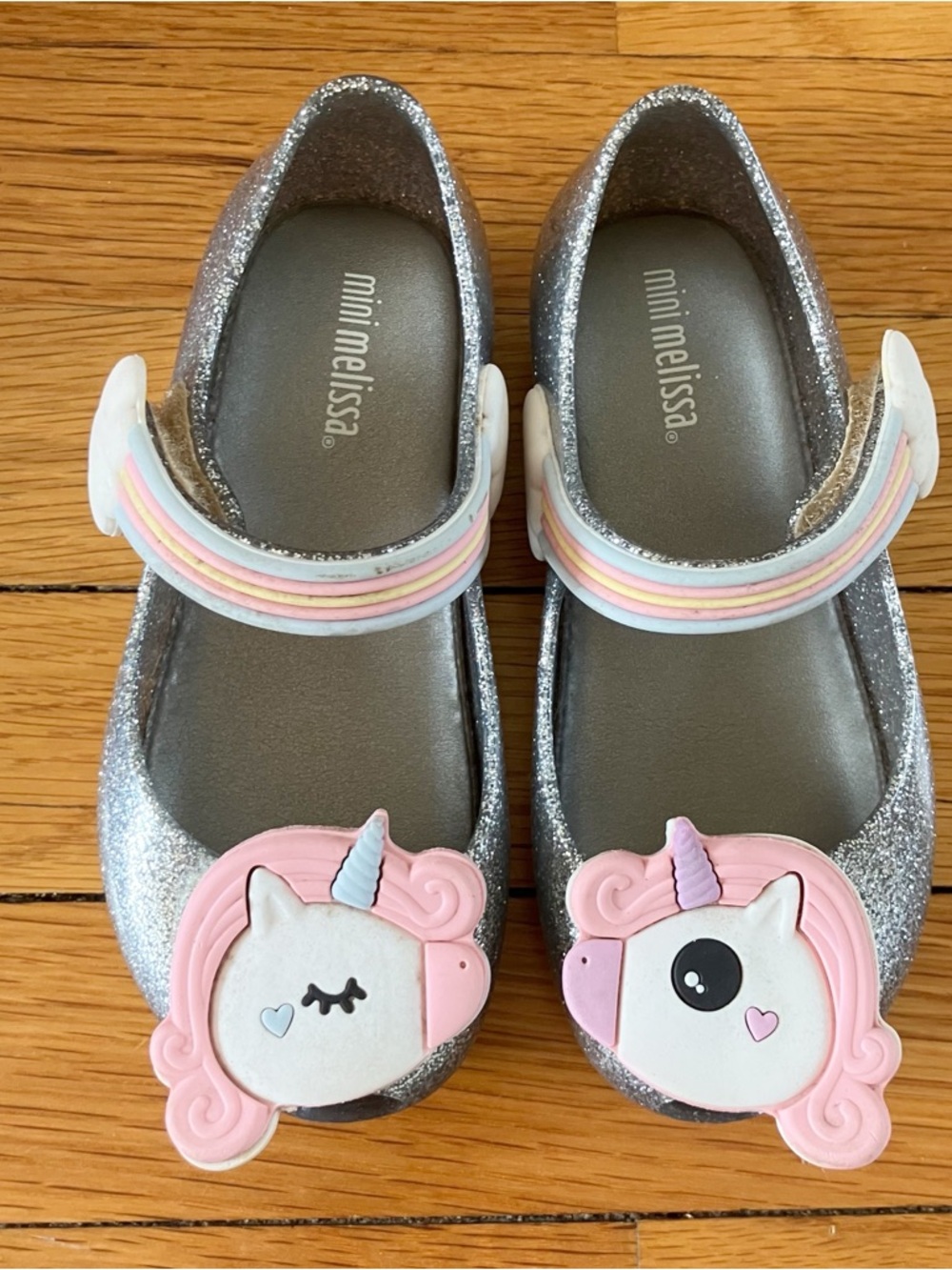 Mini Melissa Silver Sparkly Unicorn Princess Rubber Mary Jane’s Shoes Toddler 8